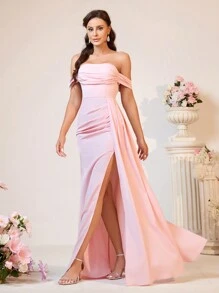 SHEIN Belle Elegant Light Pink Off Shoulder Pleated Gown With High Split And Fish Tail For Bridesmaid