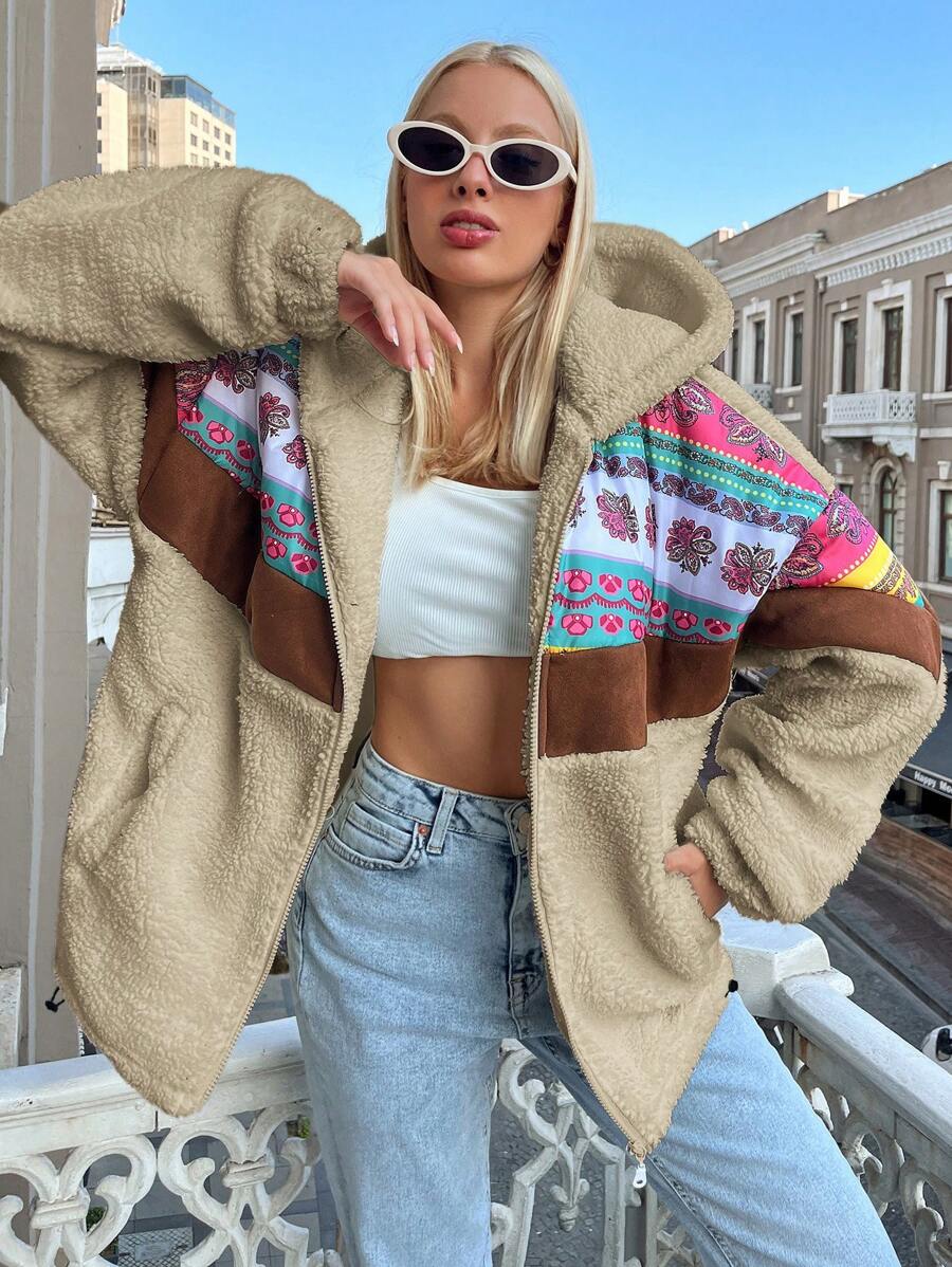 EURMUSE 女士花卉拼接連帽夾克 - 米色 - 查看 1