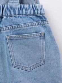 SHEIN Tween Girl Basic Casual Daglig stil Ljusblå tvättad Jean med vävd etikett, rullfåll och skrynkligt hantverk - Ljustvätt - Visa 6