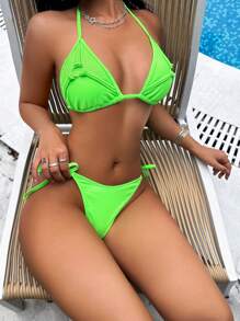 SHEIN Swim Women Fluorescent Green Bikini Set With Circular Rings Connecting The Neck Strap For Beach Vacation Summer - Multicolor - View 1