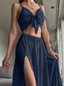 SHEIN Swim 夏季海滩细肩带纯色超短款上衣 + 大腿开衩裙两件套罩衫套装 - 藏蓝色 - 查看 3