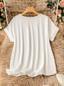 SHEIN LUNE Áo thun nữ cổ chữ V in hình thanh lịch, hàng ngày mùa hè - trắng - Xem 2