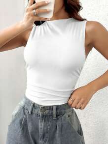 Flirla Ladies' Casual Solid Color Stand Collar Pleated Sleeveless Bodysuit For Spring And Summer