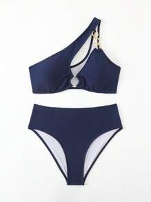 Swim Vcay Asymmetrical Neckline Bikini Set With Metal Circle Decoration, Summer Beach Swimwear - Navy Blue - View 5