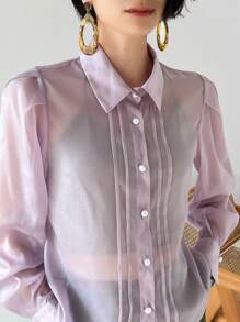 FRIFUL Women Fashionable Elegant Long Sleeve Sheer Turn-Down Collar Shirt - Purple - View 6