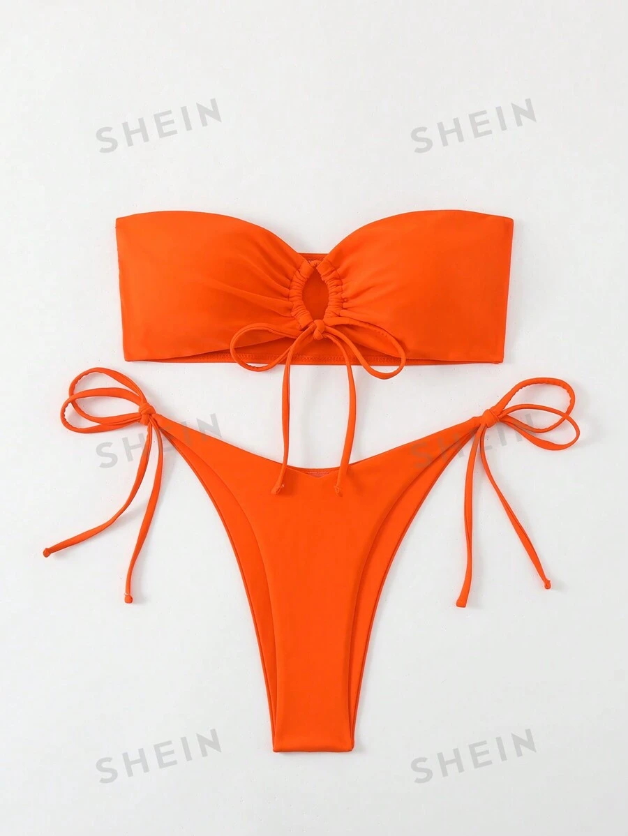 SHEIN Swim Solid Tie Front Bandeau Bikini Set Bathing Suit For Summer