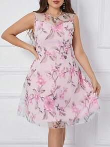 SHEIN Clasi Robe sans manches grande taille en dentelle à imprimé fleuri - Rose bonbon - Voir 3