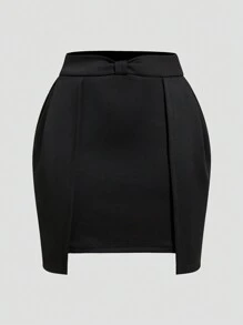 SHEIN Privé 女士不對稱下擺純色修身時尚裙 - 黑色 - 查看 1