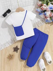 寶寶女孩夏日休閒學院風度假車印花短袖襯衫,配有鏈條和袋子的連身褲 - 彩色 - 查看 2