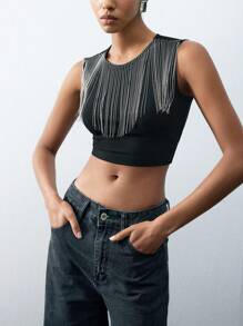 Maija 女式時尚流蘇細節圓領無袖短款背心 - 黑色 - 查看 5