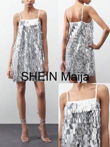Maija Women's Metallic Fringe Spaghetti Strap Dress - Silver - View 4