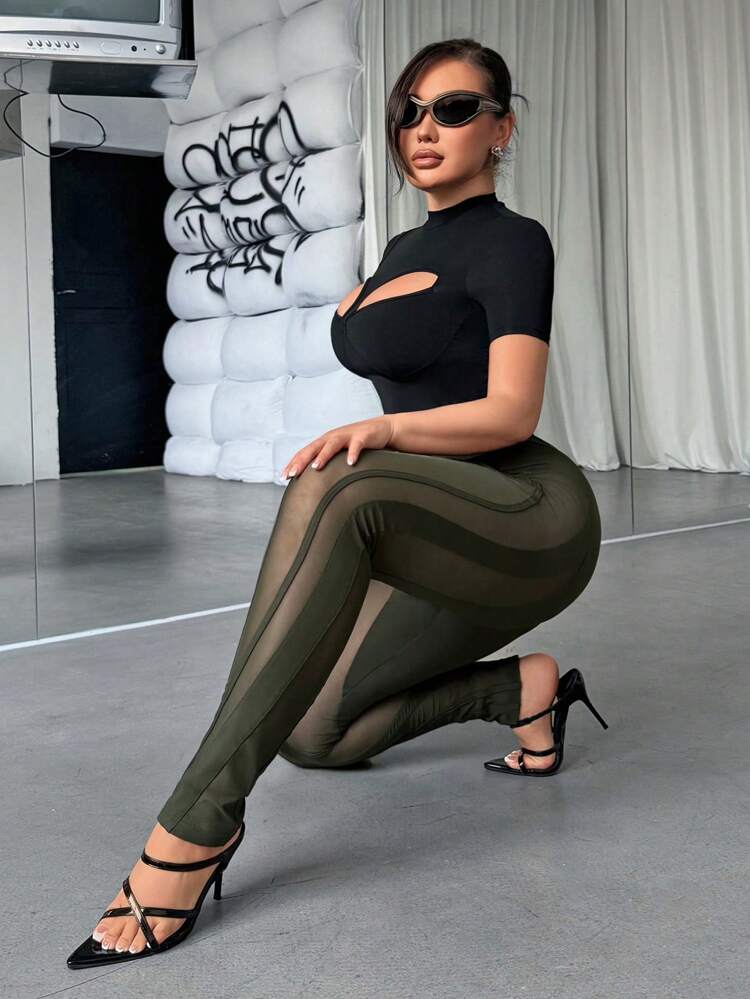 Women Sexy Black Mesh Splicing Leggings