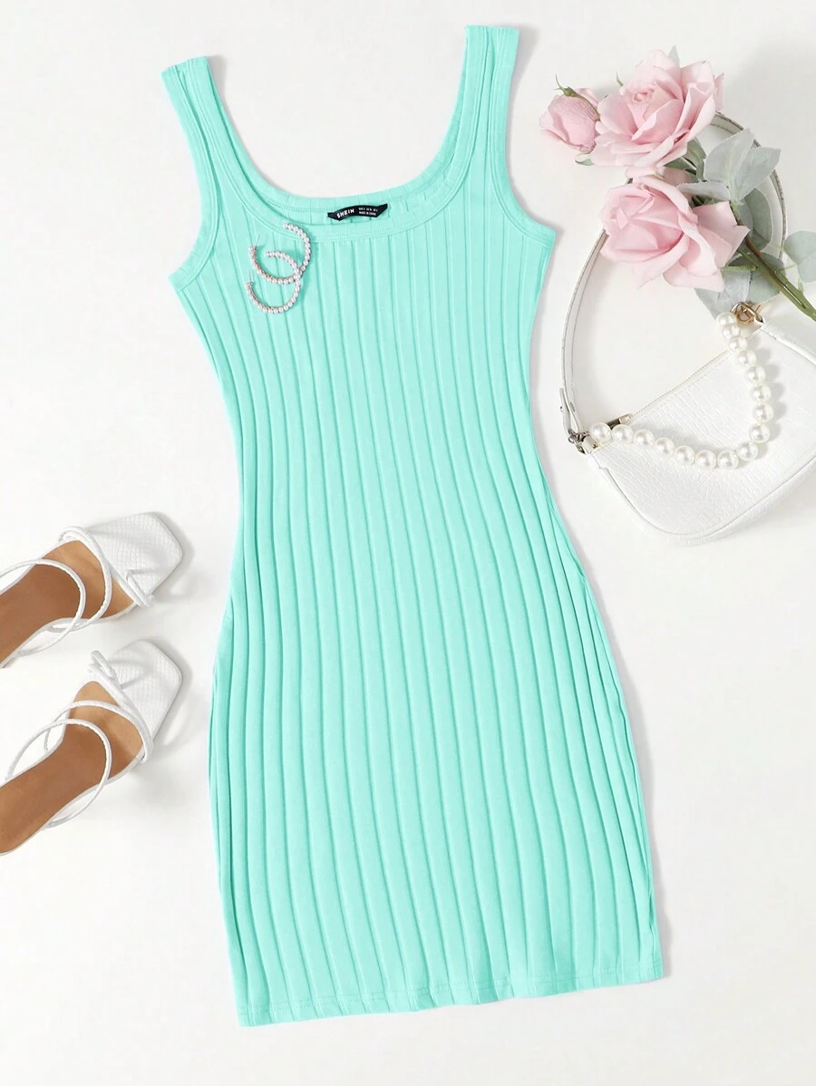 SHEIN Essnce Vestido sin mangas de punto acanalado unicolor para verano - Azul menta - Ver 1