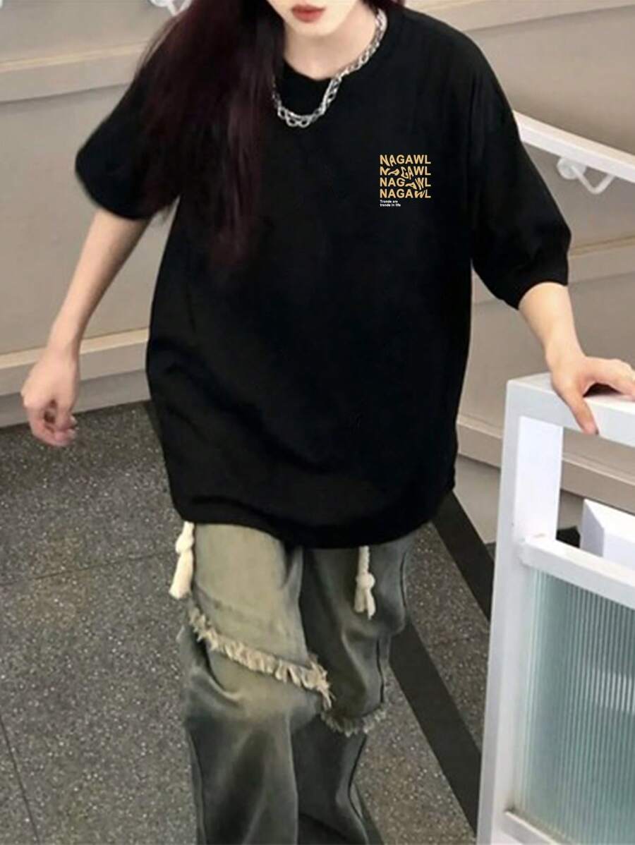 休闲字母印花落肩宽松T恤，夏季 - 黑色 - 查看 1