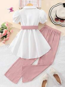 SHEIN 青少年女孩时尚泡泡袖上衣和长裤两件套服装，适合度假、夏季、旅行 - 藕粉色 - 查看 2