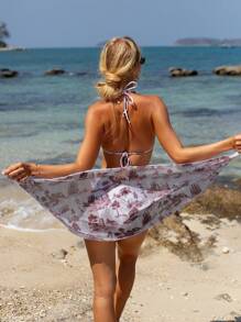 SHEIN Swim Conjunto de bikini teñido con efecto tie-dye para mujer, conjunto de bikini de 3 piezas, de impresión aleatoria para vacaciones de verano en la playa