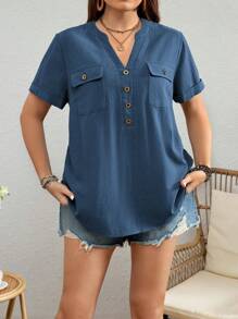 SHEIN LUNE Áo sơ mi công sở dáng rộng cho nữ cỡ lớn có cổ chữ V khoét, trang trí nút và túi cho mùa hè - Màu xanh bụi bặm - Xem 5