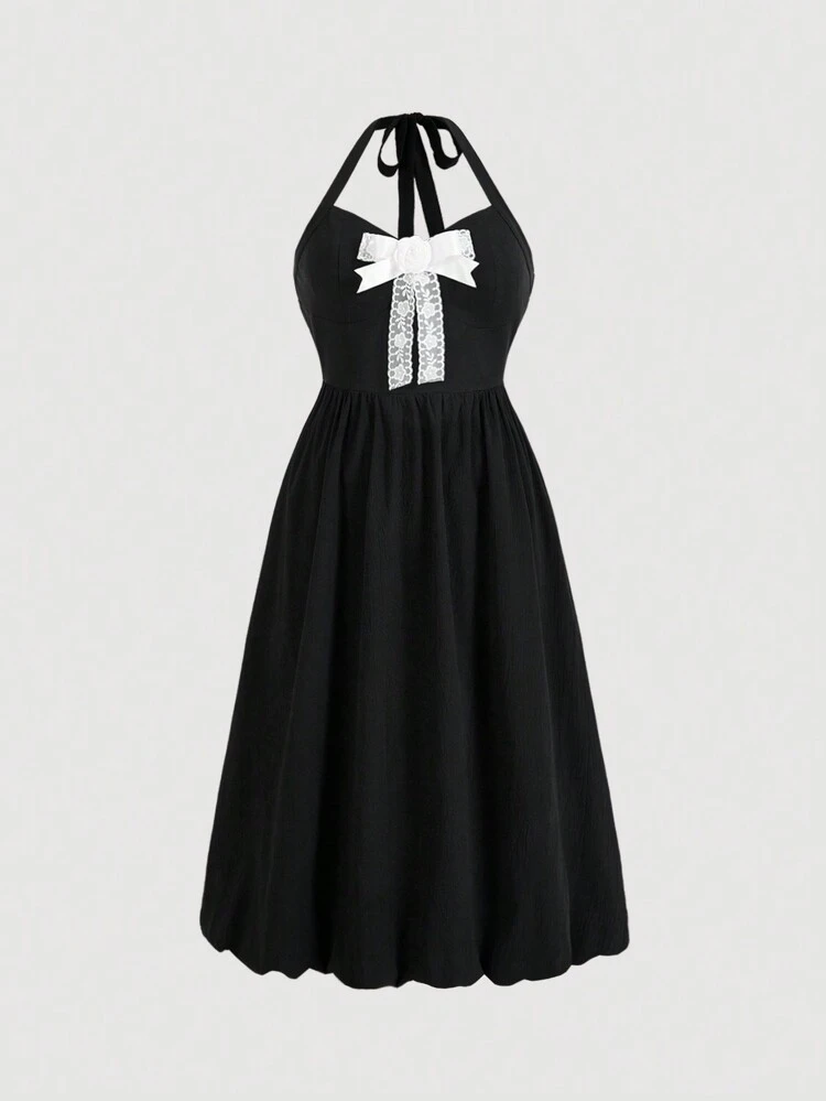 Summer Plus Size Women Black Bowknot Decor  3D White Flower Bud Hem Halter Neck Tie Dress