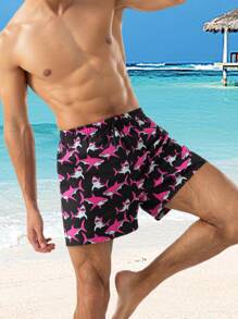 Manfinity Shorts de playa con cordón de cintura, estampado gráfico de tiburón, para hombre, para vacaciones