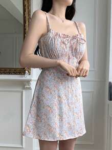 DAZY Ladies' Short Floral Printed Spaghetti Strap Pure Summer Dress - Pink - View 4