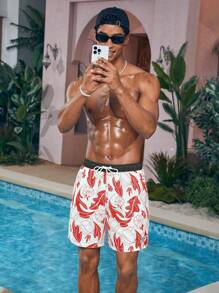 Manfinity Swimmode Men Tropical Print Drawstring Waist Summer Beach Shorts Swim Trunks With Slanted Pockets - Red - View 3