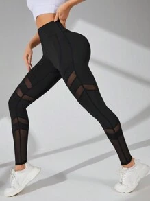 Easithlete 時尚透氣彈性運動紧身裤，網紗拼接設計和寬鬆腰帶 - 黑色 - 查看 5