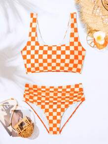 SHEIN Swim Women Checkered Print Square Neck Underwire Bikini Set For Summer Beach
