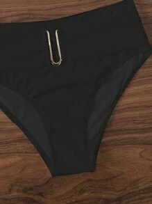 SHEIN Swim 夏季海灘單肩高腰比基尼套裝 - 黑色 - 查看 6