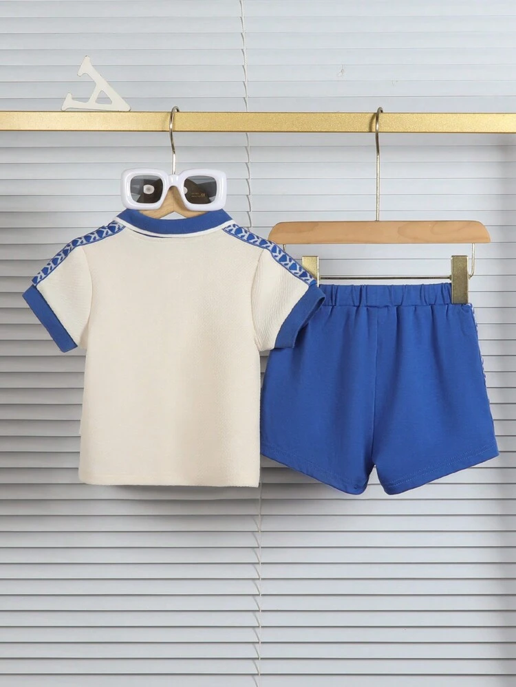 Baby Boy 2-Piece Casual Sports Letter Print Outfits, Basic Collar Design, Suitable For Spring And Summer Outings