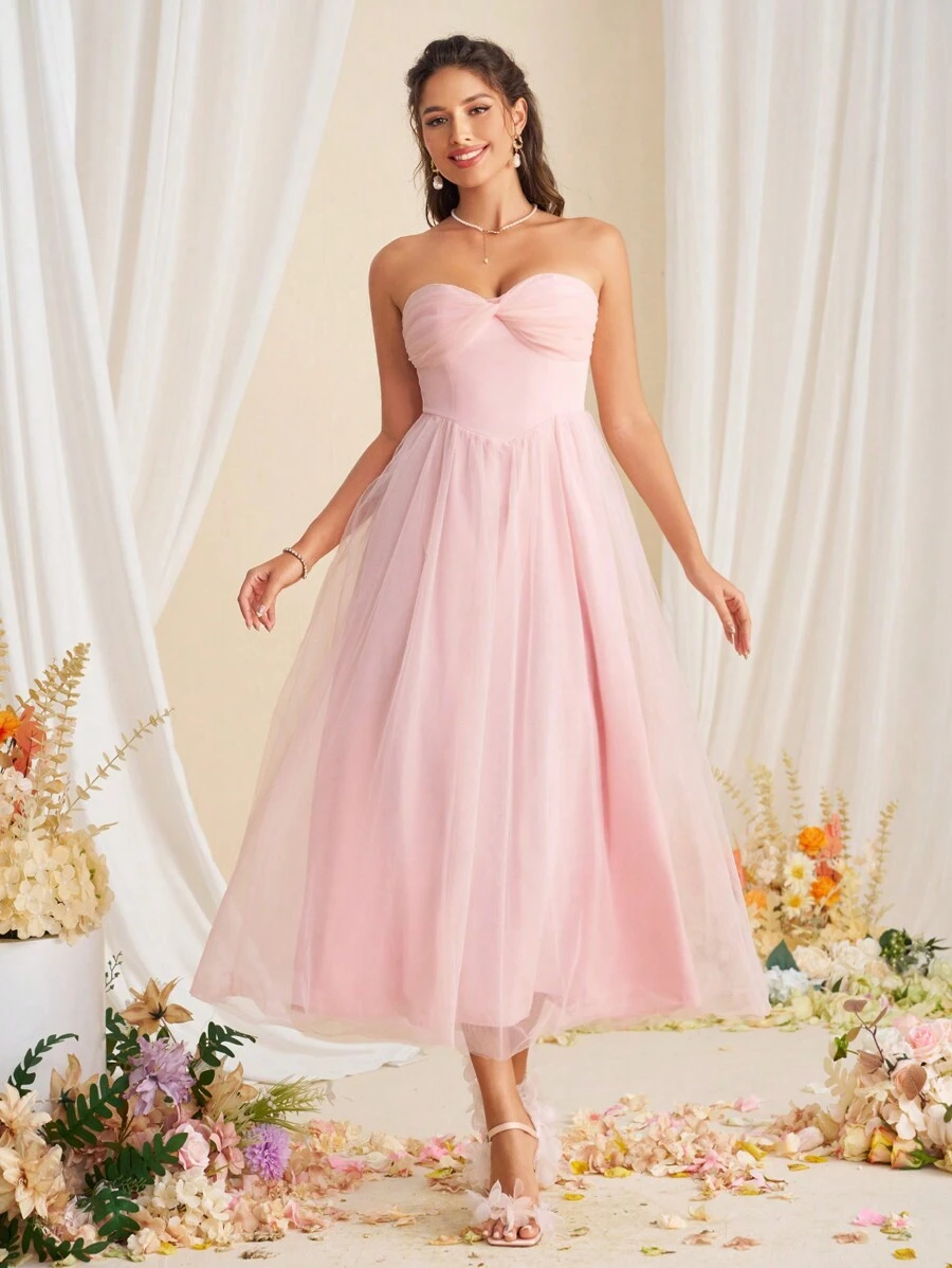 SHEIN Belle Elegant Bridesmaid Dress With Mesh Strapless Design Wedding ...