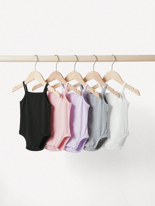 Baby Girl 5pcs Casual Knitted Comfortable Solid Color Bodysuit With Straps And Snaps, Summer