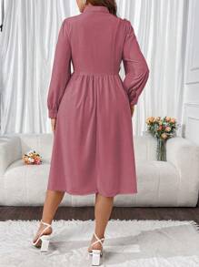SHEIN Unity Plus Solid Color Romantic Long Sleeve Hollow Out Dress - Pink - View 2