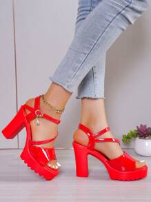 Nuevas sandalias de tacón alto para mujer, sandalias de plataforma impermeables rojas de tacón grueso con hebilla de correa de tobillo para el verano - Rojo - Ver 1