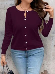 SHEIN LUNE Áo len cardigan nữ màu trơn đơn giản hàng ngày cỡ lớn, cho mùa đông - Màu đỏ tím - Xem 3