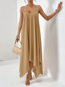 SHEIN Essnce Vestido cami casual con dobladillo pañuelo y unicolor para el verano - Caqui - Ver 3