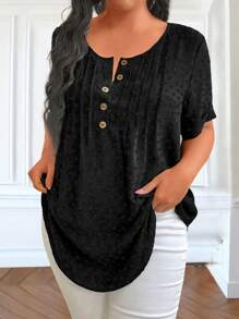 EMERY ROSE 大尺碼圓領短袖按鈕設計極簡日常襯衫 - 黑色 - 查看 4