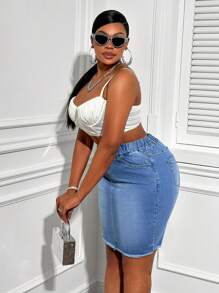 SHEIN SXY Plus Size Denim Độ đàn hồi cao Váy dài đến đầu gối đa năng thông thường - Màu xanh lam - Xem 1