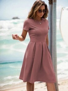 1pc Women's Solid Color Vintage Flared Cocktail Dress - Dusty Pink - View 3