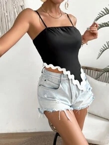 SHEIN VCAY Summer Asymmetrical Hem Spaghetti Straps Contrast Lace Black Tank Top - Black - View 5