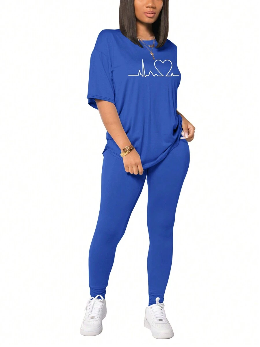 Women Heartbeat Print Loose Tracksuit - Blue - View 1