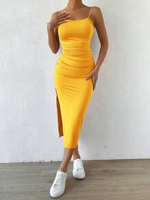 SHEIN Clasi Solid Color Pleated High Split Spaghetti Strap Dress For Summer - Yellow - View 5