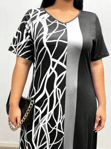 SHEIN LUNE Plus Size V-Neck Loose Casual Daily Wear Short Sleeve Dress With Printed And Patchwork Design - Multicolor - View 5
