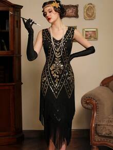 Vestido Largo De Flecos Gatsby, Vestido Con Flecos Y Lentejuelas De Los Años 20 Para Mujer Sin Mangas - Negro - Ver 3
