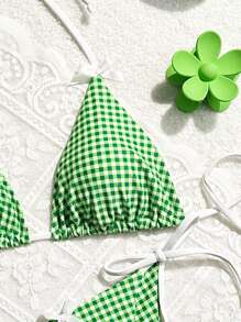 SHEIN Swim 女士夏季海灘隨機格子印花時尚比基尼泳衣套裝 - 綠色 - 查看 3