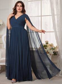 Plus Size Pleated Dress With Cloak Sleeves Chiffon Prom Dress