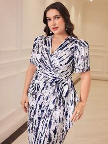 Modelyn 大碼女性夏季優雅重疊V領腰帶短泡泡袖連衣裙 - 彩色 - 查看 7