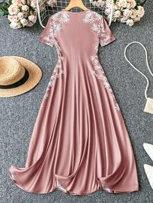 SHEIN Lady Ladies" Summer Contrast Color Short Sleeve Round Neck Dress - Dusty Pink - View 8
