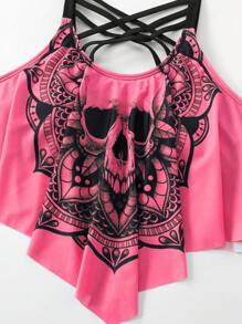 SHEIN Swim Curve Conjunto de tankini de talla grande con estampado de calaveras y mandala para playa de verano, ideal para vacaciones