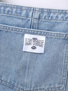 SHEIN Tween Girl Basic Casual Daglig stil Ljusblå tvättad Jean med vävd etikett, rullfåll och skrynkligt hantverk - Ljustvätt - Visa 7