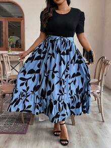 SHEIN LUNE Vestido Casual De Talla Grande Con Estampado De Plantas Y Parches, Cuello Redondo Y Manga Corta - Negro - Ver 6